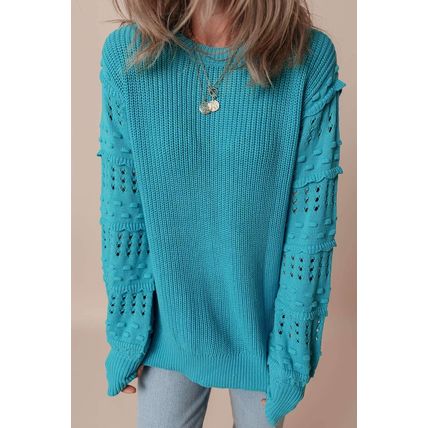 Turquoise Ruffled Eyelet Bubble Sleeve Sweater