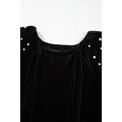 Black Pearl Beaded Half Sleeve Velvet Top