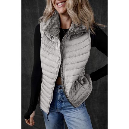 Silvery Plush Collared Quilted Zipped Puffer Vest