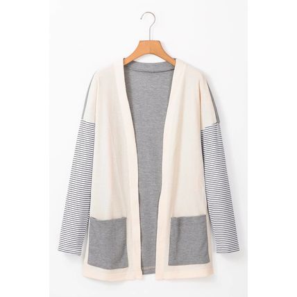 Black Stripe Colorblock Patchwork Open Front Cardigan with Pocket