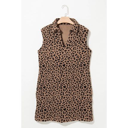 Khaki Leopard Print V Neck Sleeveless Collared Mini Dress