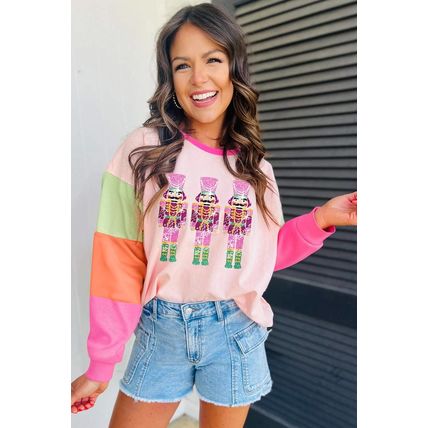 Pink Christmas Sequin Nutcracker Graphic Colorblock Long Sleeve Top