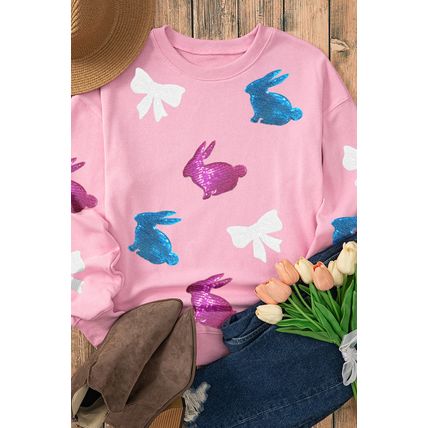 Pink Easter Bunny Bow Knot Sequined Crewneck Graphic Sweatshirt