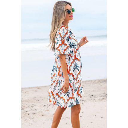 Orange Contrast Palm Tree Printed Short Sleeve Flowy Dress