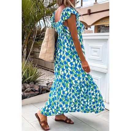 Blue Floral Print Square Neck Ruffled Strap Maxi Dress
