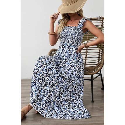 Sky Blue Boho Print Smocked High Waist Maxi Dress
