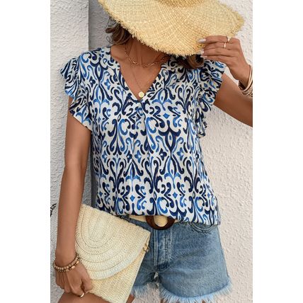 Sky Blue Boho Abstract Print Pintuck Detail Ruffled Top