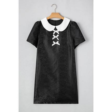 Black Floral Embossed Puff Sleeve Colorblock Bow Collared Mini Dress