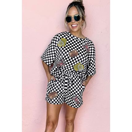 Black Sequined Crawfish Checkered Half Sleeve Top and Shorts Lounge Set