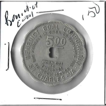 Bennedict Coal Co St. Charles VA. 5.00 cent Medal XF