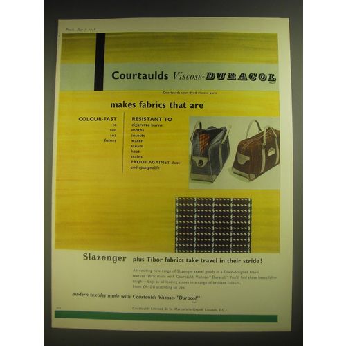 1958 Courtaulds Viscose-Duracol Fabric Advertisement - Slazenger Travel Goods