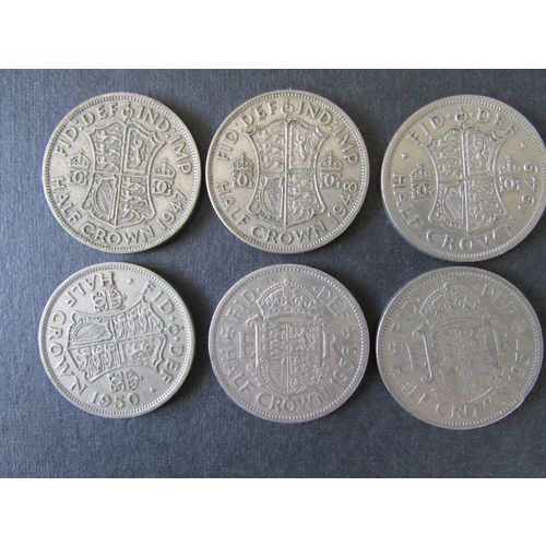 1947 - 1950 GEORGE VI & 1956 - 1957 ELIZABETH II HALFCROWNS SIX COINS IN TOTAL.