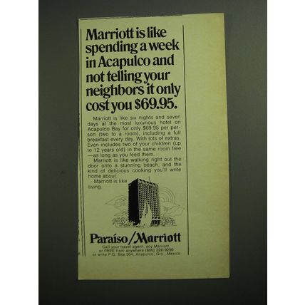 1970 Paraiso Marriott Hotel Ad - Marriott is like spending a week in Acapulco