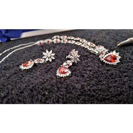 Created topaz and ruby necklace set simulated handmade jewelry 16 inch