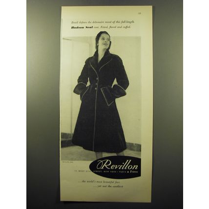 1950 Revillon Hudson Seal Fur Coat Ad - Braid defines the debonaire mood