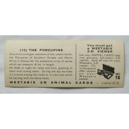 1960s Weetabix 3-D Animal Card No. 12 The Porcupine