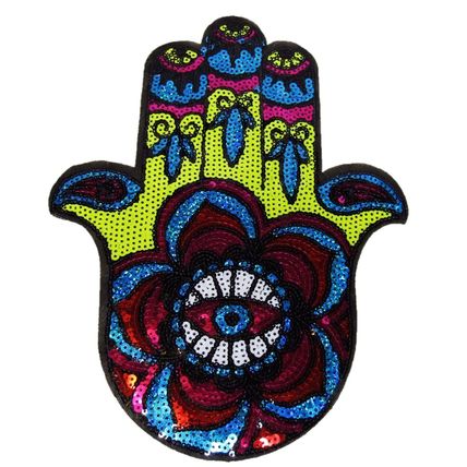 Iron On Patch Hamsa Hand Evil Eye Sew 21cm x 27cm Sequins Badge Fatima P411