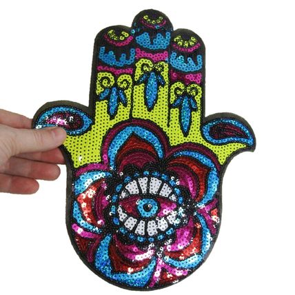 Iron On Patch Hamsa Hand Evil Eye Sew 21cm x 27cm Sequins Badge Fatima P411