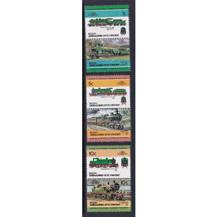 BEQUIA-GRENADINE OF ST VINCENT 1984 LEADERS TRAINS 3 X VALUES IN PAIRS MINT/MNH
