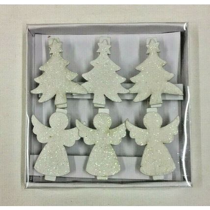 Heaven Send Set of 6 Glittery White Angel & Christmas Tree Wooden Decoration Peg