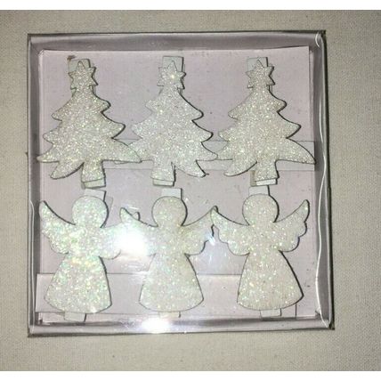 Heaven Send Set of 6 Glittery White Angel & Christmas Tree Wooden Decoration Peg