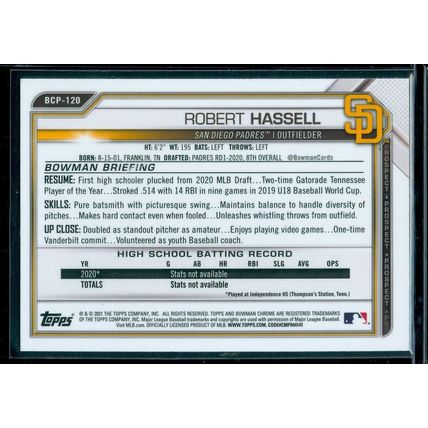 2021 Bowman Chrome Prospects #BCP120 Robert Hassell