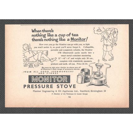 MONITOR ENGINEERING of BIRMINGHAM Pressure Stove :- Original Vintage 1957 Advert