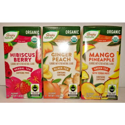 Simply Nature NON-GMO Organic Herbal, Black, Green Tea 1.4oz 39g (3 Boxes)
