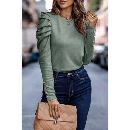 Green Buttoned Puff Long Sleeve Sheath Top