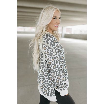 White Printed Solid Trim Leopard Print Top