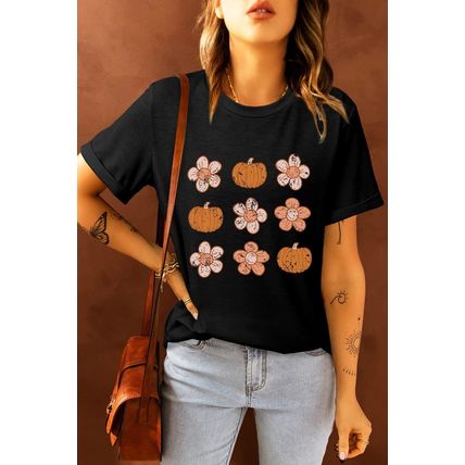 Black Pumpkin Flower Print Short Sleeve Graphic Top