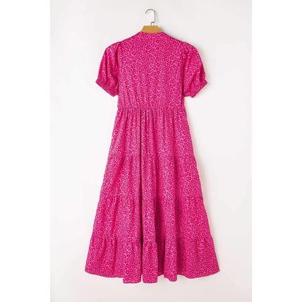 Rose Red Flower Mock Neck Puff Sleeve Tiered Maxi Dress
