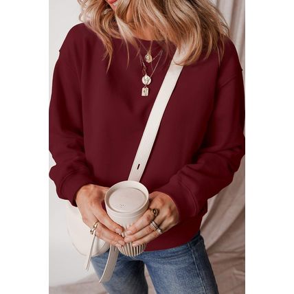 Burgundy Solid Fleece Lined Drop Shoulder Terry Sweatshirt