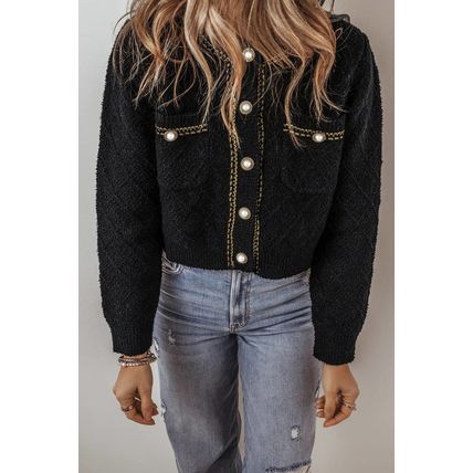 Black Shimmer Flap Pocket Button up Cardigan