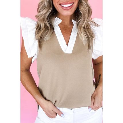 Pale Khaki Contrast V Neck Ruffled Textured Knit Top