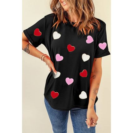 Black Valentines Chenille Heart Patched Pattern Crewneck Tee