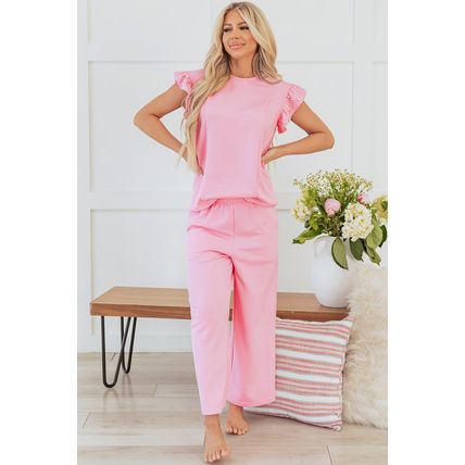 Pink Textured Pearled Ruffled Sleeve Wide Leg Pants Set