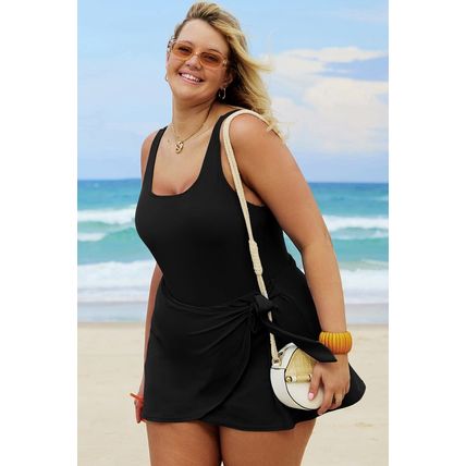 Black Solid Color Square Neck Knotted Plus Size One Piece Swimsuit