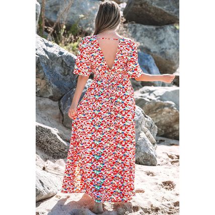 Red Floral Half Sleeve Deep V Neck Cutout Back Split Maxi Dress
