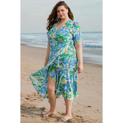 Green Leaves Print Short Sleeve Surplice Neck Ruffled Trim Plus Size Maxi Dress