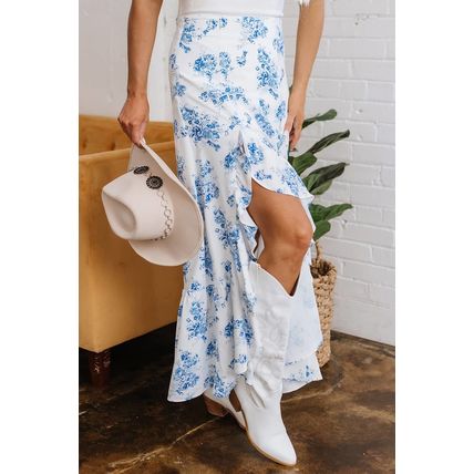 Sky Blue Boho Floral High Waist Ruffle Split Maxi Skirt