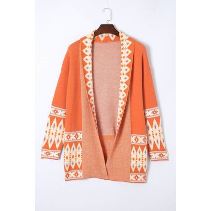 Orange Printed Aztec Print Open Front Knitted Cardigan