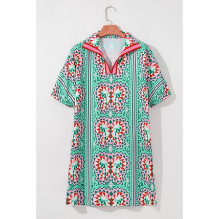 Mint Green Geometric Butterfly Print Split Neck Short Sleeve Dress