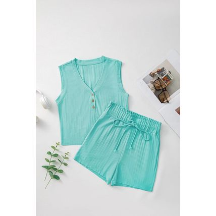 Mint Green Ribbed Button V Neck Tank Top and Shorts Set