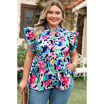 Blue Floral Flutter Sleeve Tied Notched Neck Plus Size Blouse