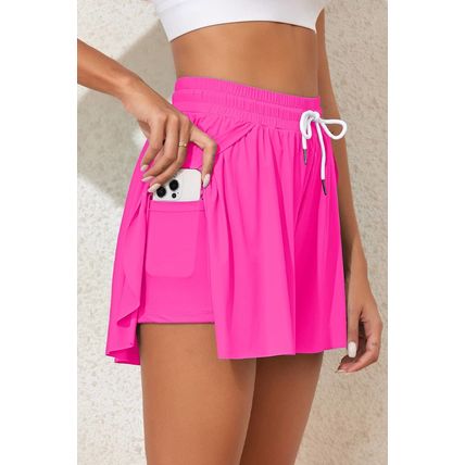Rose Red Drawstring Elastic Waist Lined Ruffle Shorts Bikini Bottom