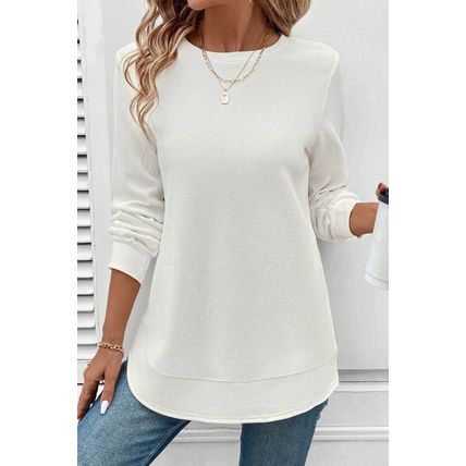 White Rounded Hem Waffle Long Sleeve Top