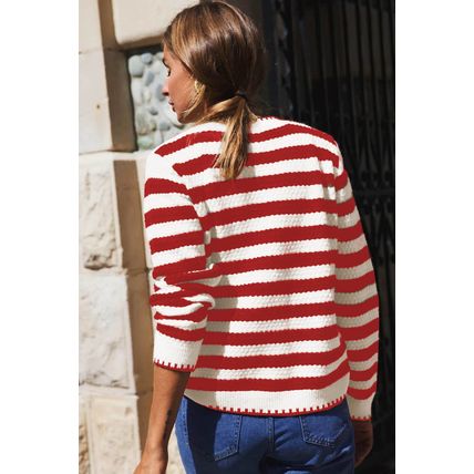 Red Stripe Chic Golden Button Cardigan Sweater