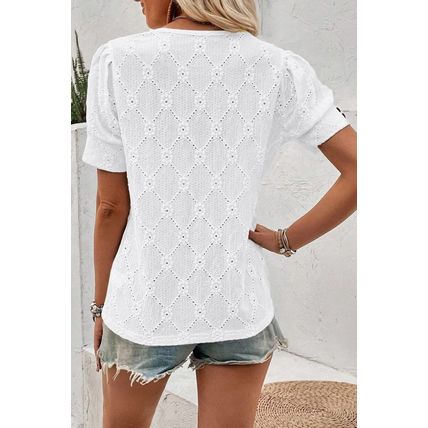 White Flower Geometric Textured Button Short Sleeve Top