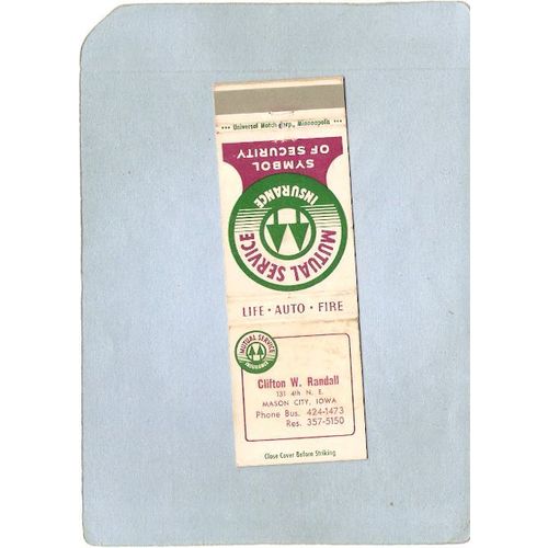 IA Mason City Matchcover Mutual Service Insurance Clifton W Randall Agent ~119